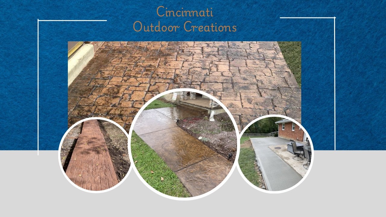 Collage of stamped concrete and brush finish concrete