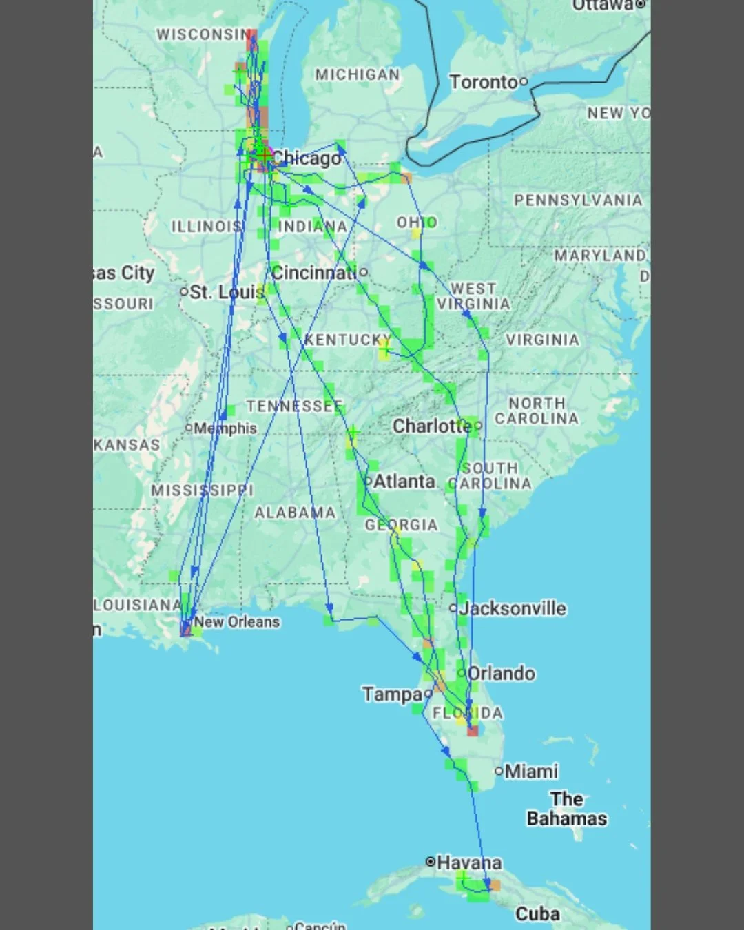 Yesterday, we followed A23&rsquo;s travels. Today, here&rsquo;s a look at the full migration cycle of the herons nesting at Lincoln Park Zoo, tracked by researchers at the University of Illinois Urbana-Champaign.

Look at all that territory!

Chicago
