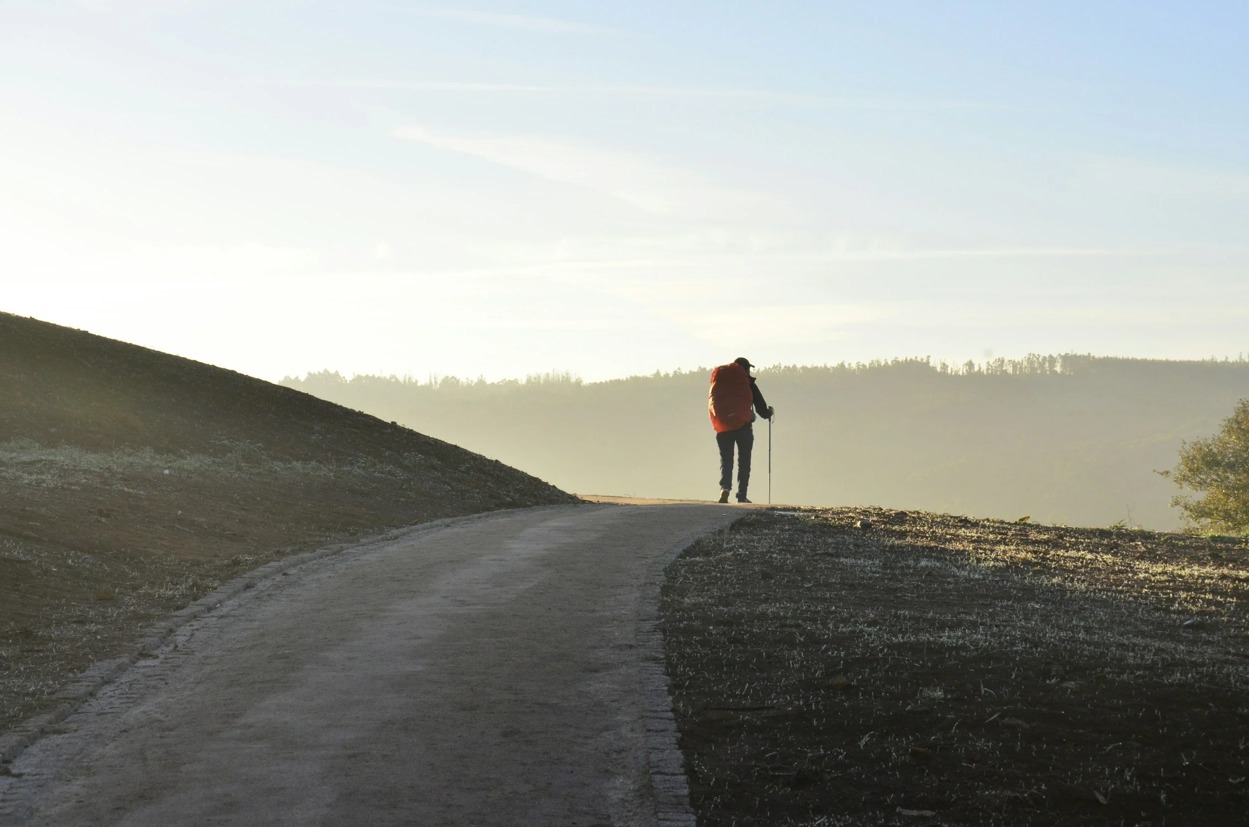 Person hiking with a backpack and walking stick on a dirt trail in a mountainous area during sunset with trees in the distance.