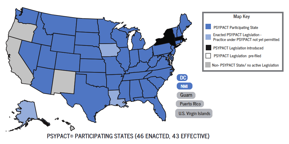 Map of the United States showing 46 PSYPACT participating states in blue, with the District of Columbia, Northern Mariana Islands, Guam, Puerto Rico, and U.S. Virgin Islands listed separate. The map key indicates enacted PSYPACT legislation is in dark black, legislation introduced in gray, and non-PSYPACT states in white.