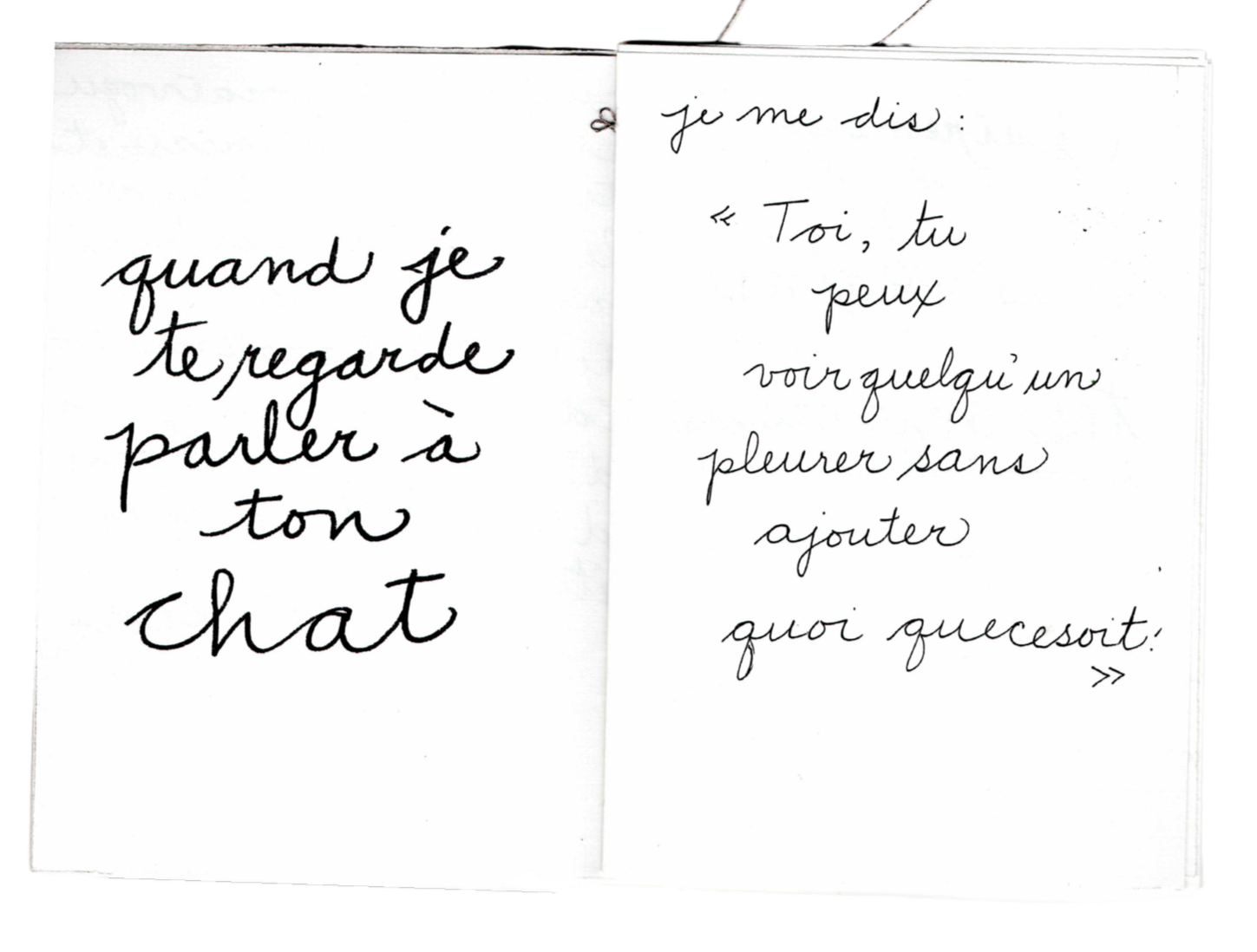 Page d'un carnet avec une citation en français écrit à la main. La première page dit : « quand je te regarde parler à ton chat » et la seconde dit : « je me dis : 'Toi, tu peux voir quelqu’un un pleurer sans ajouter quoi que ce soit' ».
