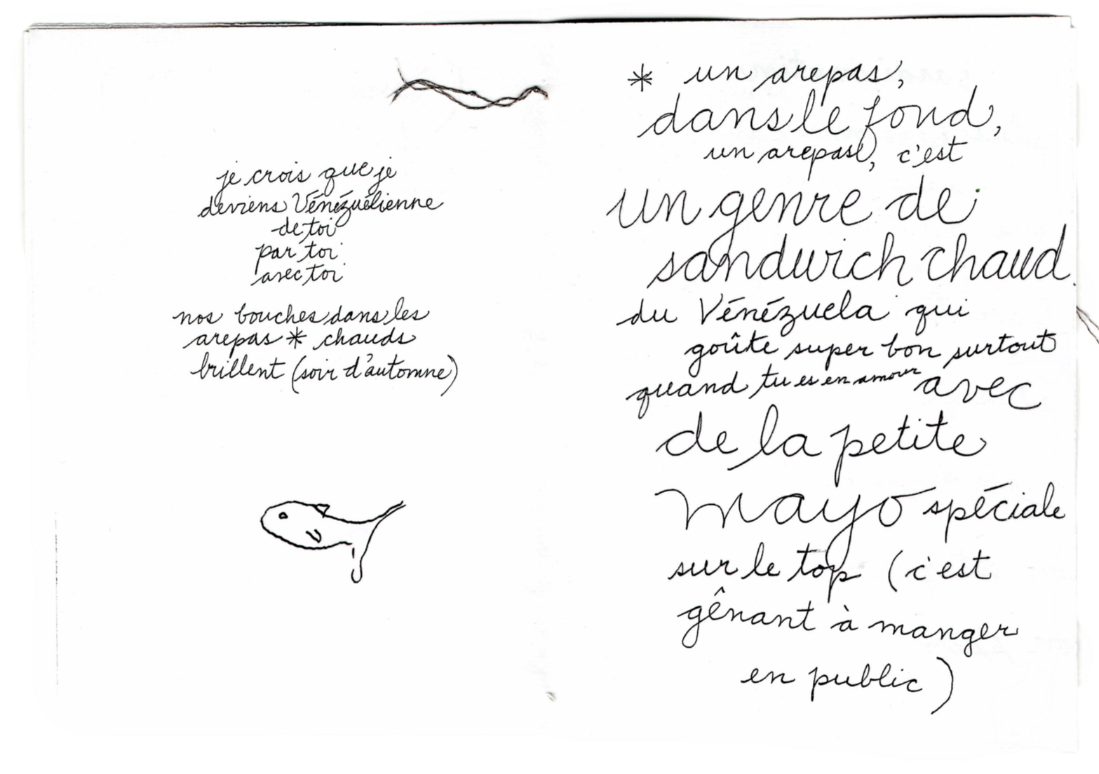 Page de carnet avec écriture manuscrite en français, dessins de poisson et d'une petite branche.