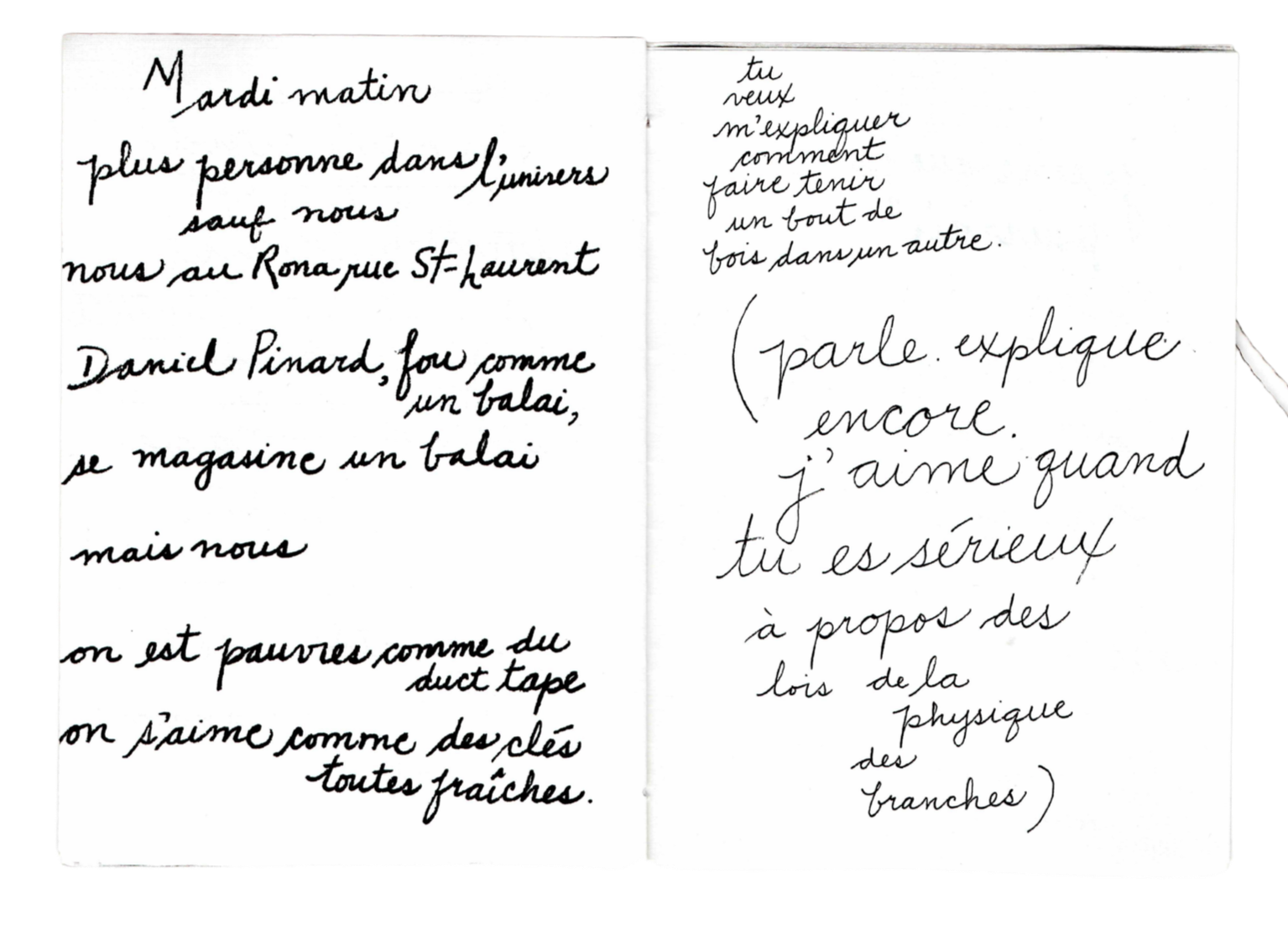 Page de carnet avec écritures manuscrites en français, contenant un texte sur le matin, la pauvreté et la vie quotidienne, et une réflexion sur l'amour et la physique.
