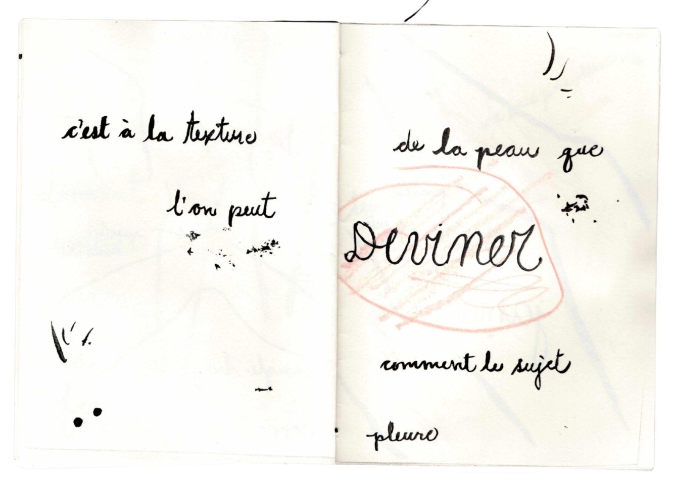 Page de carnet avec textes en français, artiste marquant la texture de la peau.