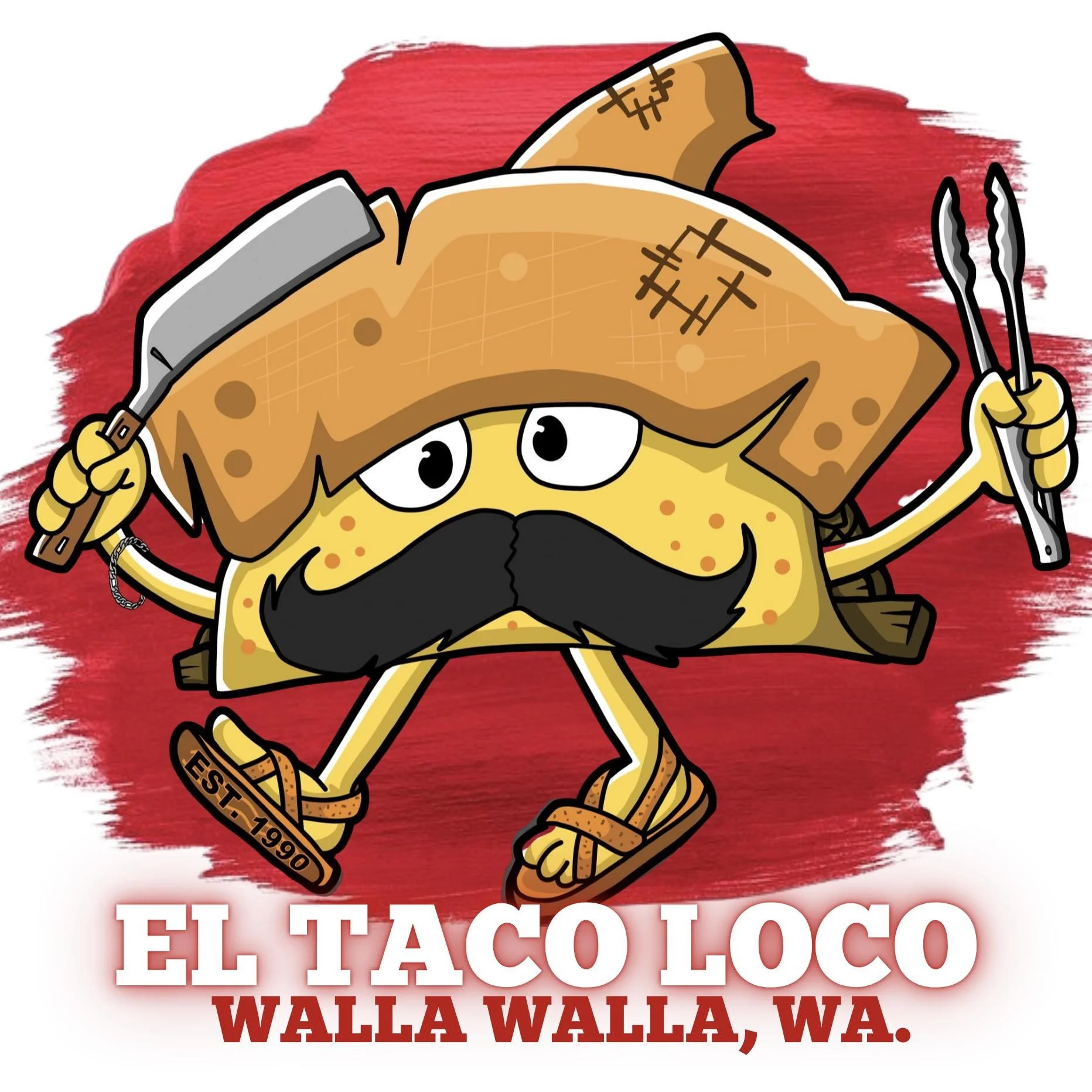 Cartoon mascot of a yellow taco with eyes, wearing a mustache, holding a baseball bat in one hand and tongs in the other, standing in front of a red background, with the text "EL TACO Loco WALLA WALLA, WA"