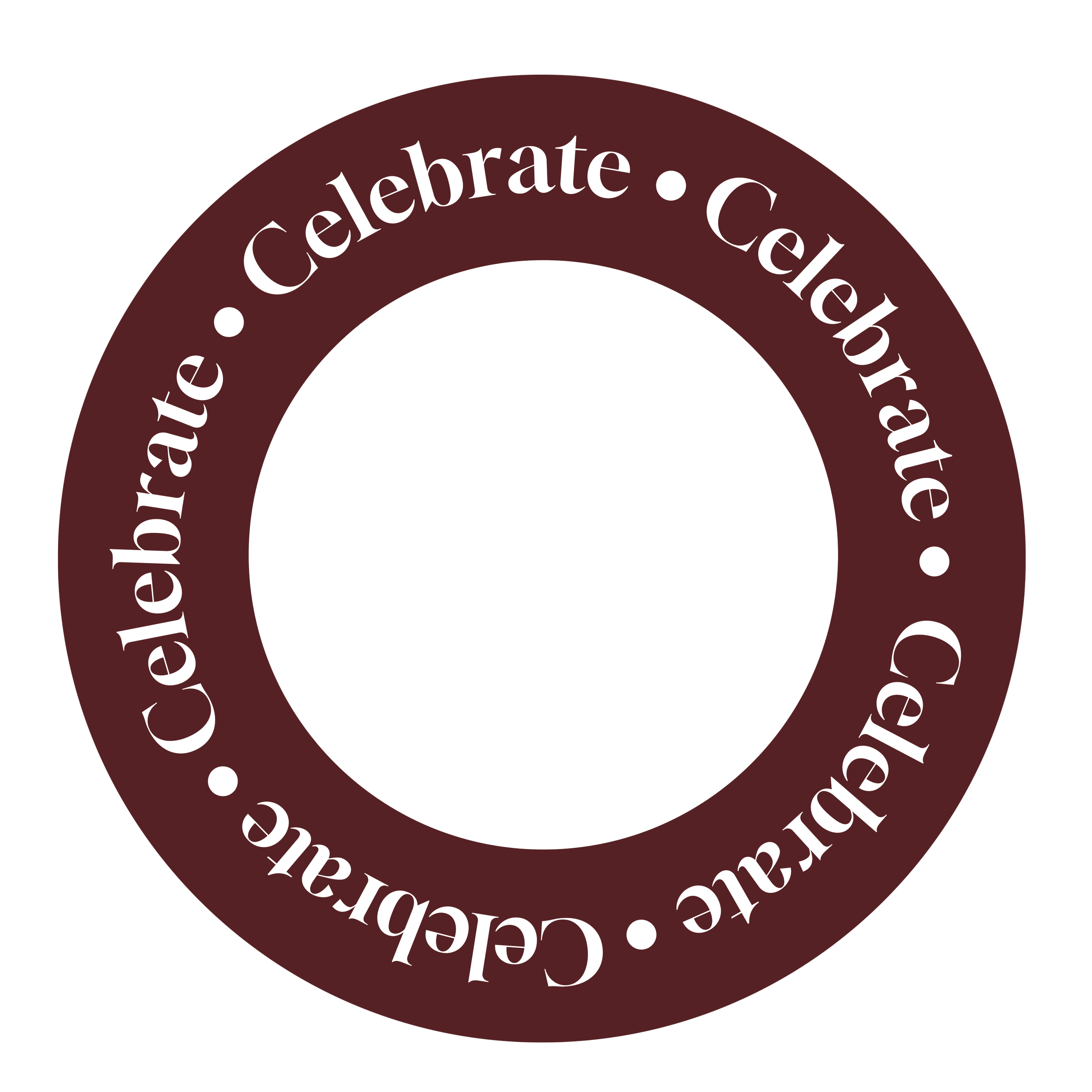 Brown circular logo with white text reading "Celebrate. Celebrate. Celebrate."