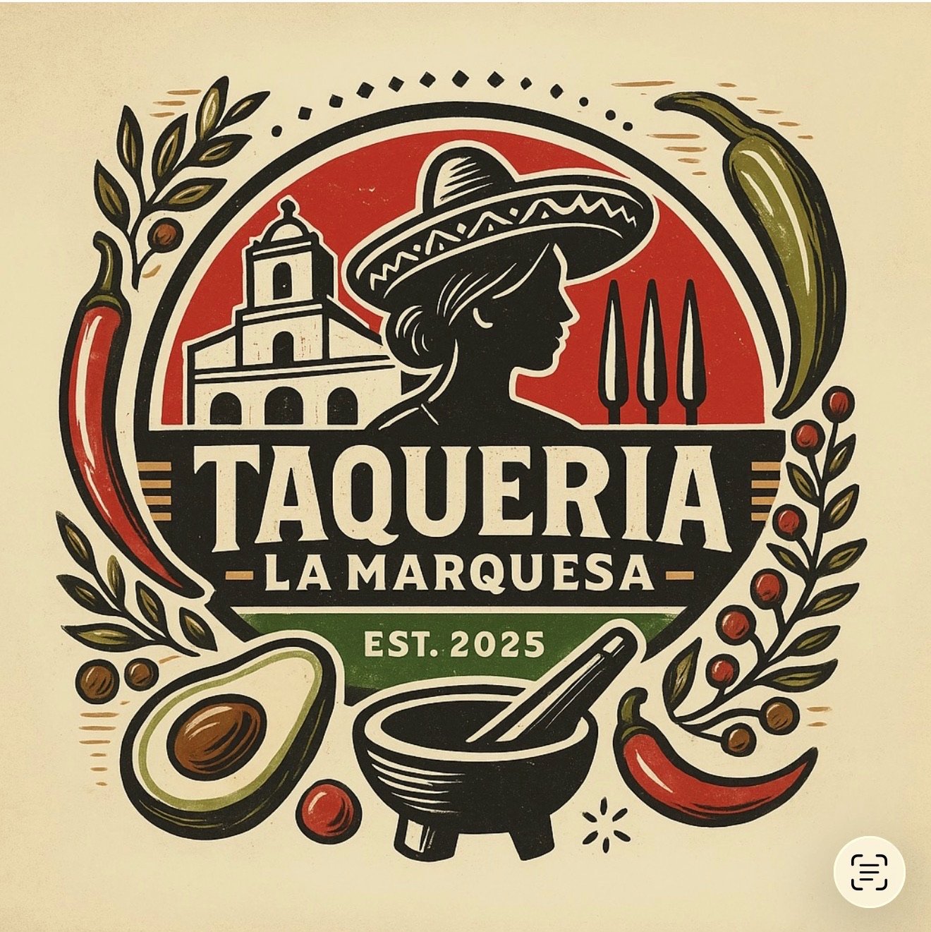 Logo for Taqueria La Marquesa featuring a female silhouette wearing a sombrero, surrounded by chili peppers, herbs, avocado, and a traditional Mexican building, with text indicating the establishment was founded in 2025.