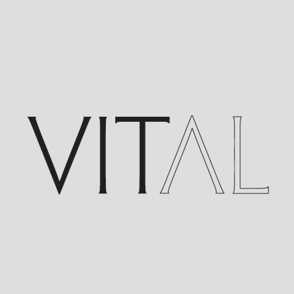 The word 'VITAL' written in large, stylized letters on a light gray background.