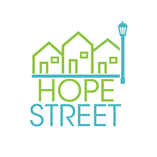 Logo with three green house outlines connected by a blue line, a streetlamp on the right, and the text 'HOPE STREET' below.