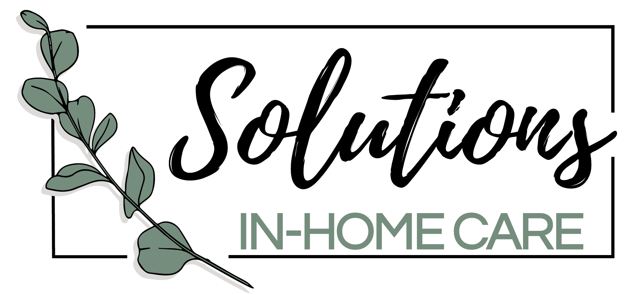 Logo with the words 'Saltwater In-Home Care' in a script font, with a eucalyptus branch on the left side.