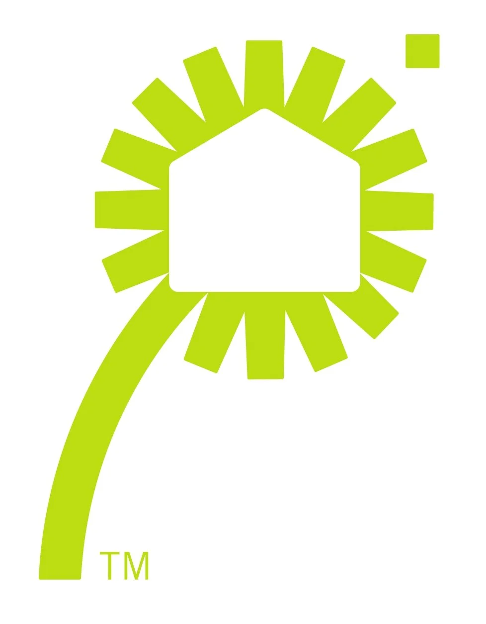Green stylized flower with a square in the center, a curved stem, and a small square near the petals, with a small legal trademark symbol at the bottom left.