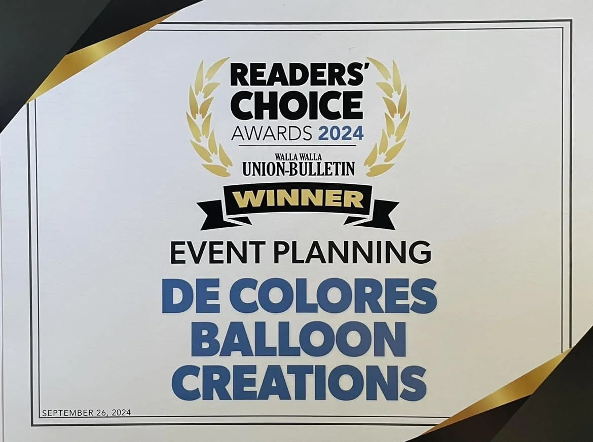 Certificate of achievement awarded to DE Colores Balloon Creations as the winner in the event planning category of the 2024 Readers' Choice Awards, presented by Walla Walla Union-Bulletin, dated September 26, 2024.