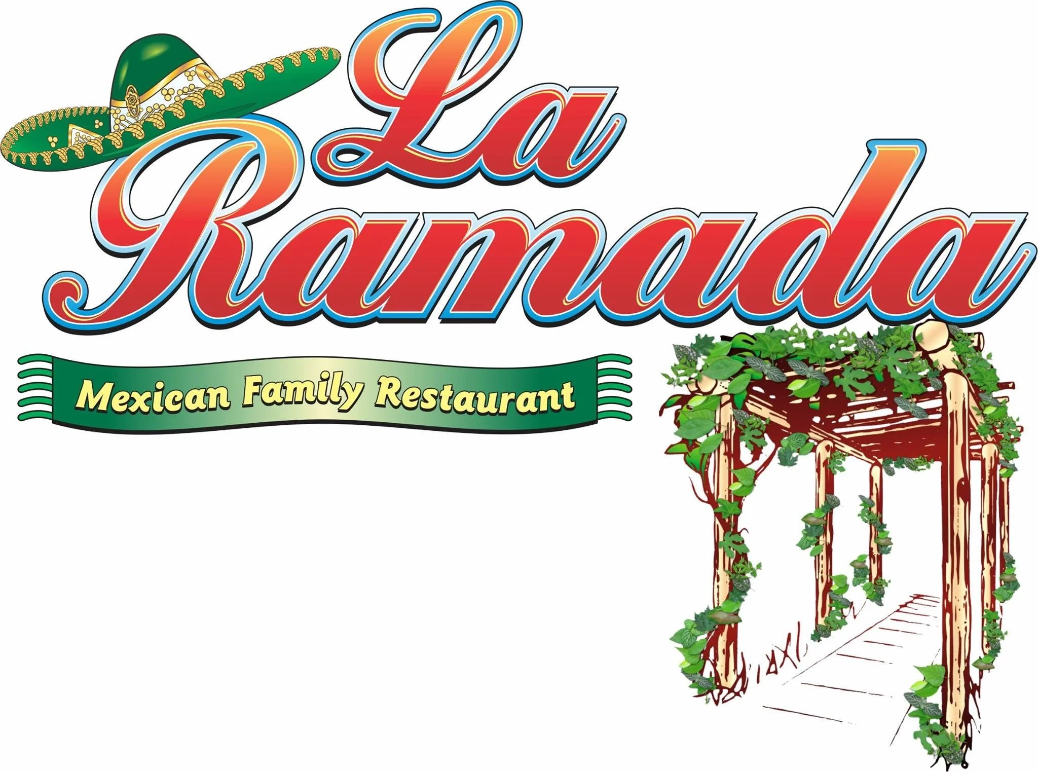 Sign for La La Land, a Mexican family restaurant, with a sombrero hat above the text and a wooden stand with green vine plants on the right.