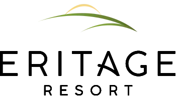 Logo for Heritage Resort with a green hillside and clear sky design.