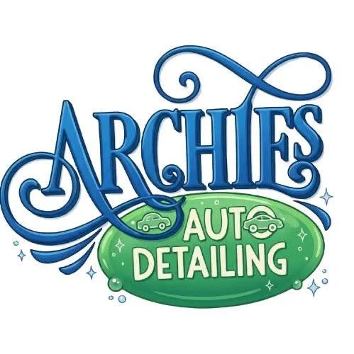 Logo for Arches Auto Detailing with blue and green colors, featuring stylized text and small car illustrations.