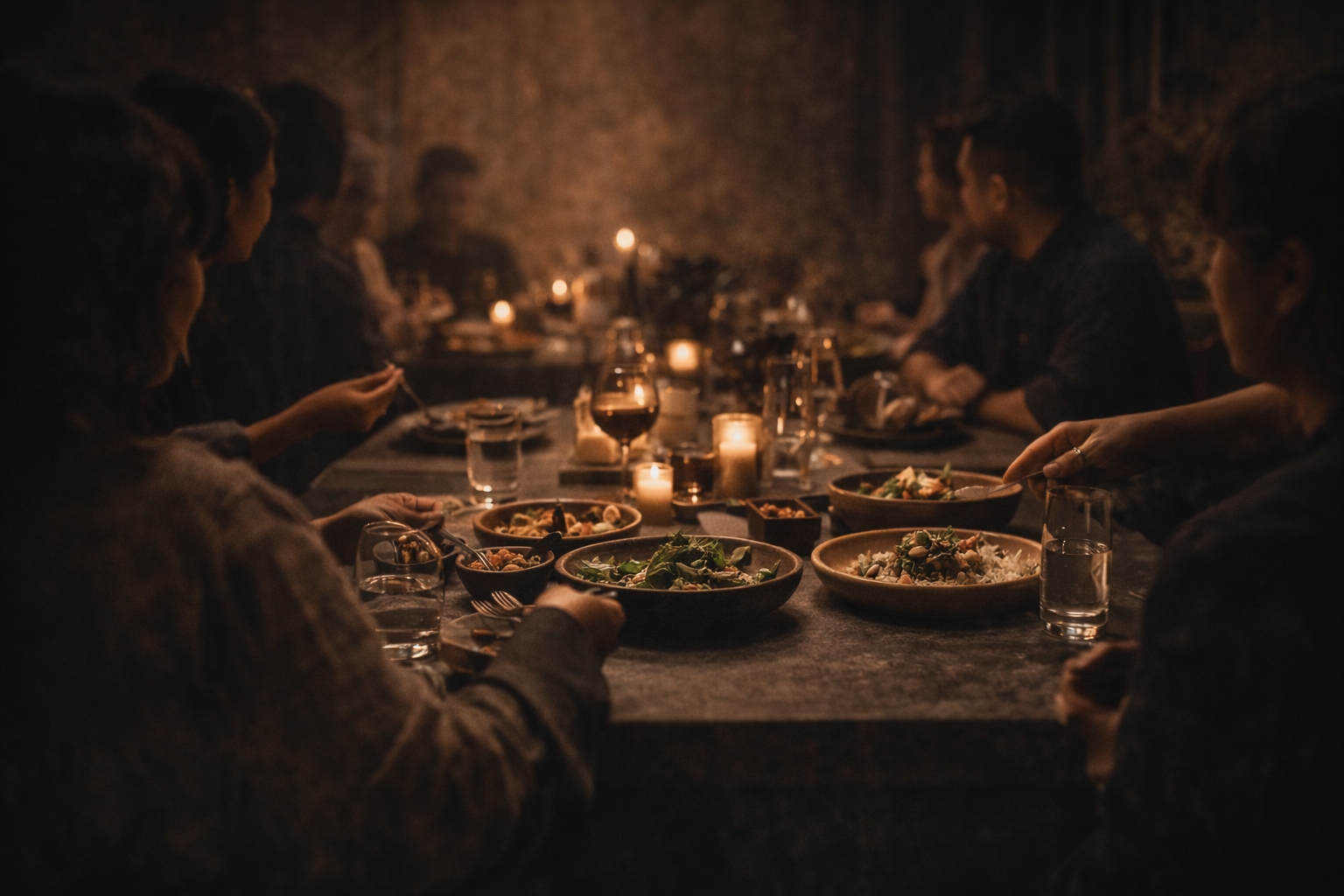 A group of people gathered around a dinner table with lit candles, enjoying a meal in a cozy, dimly lit setting.