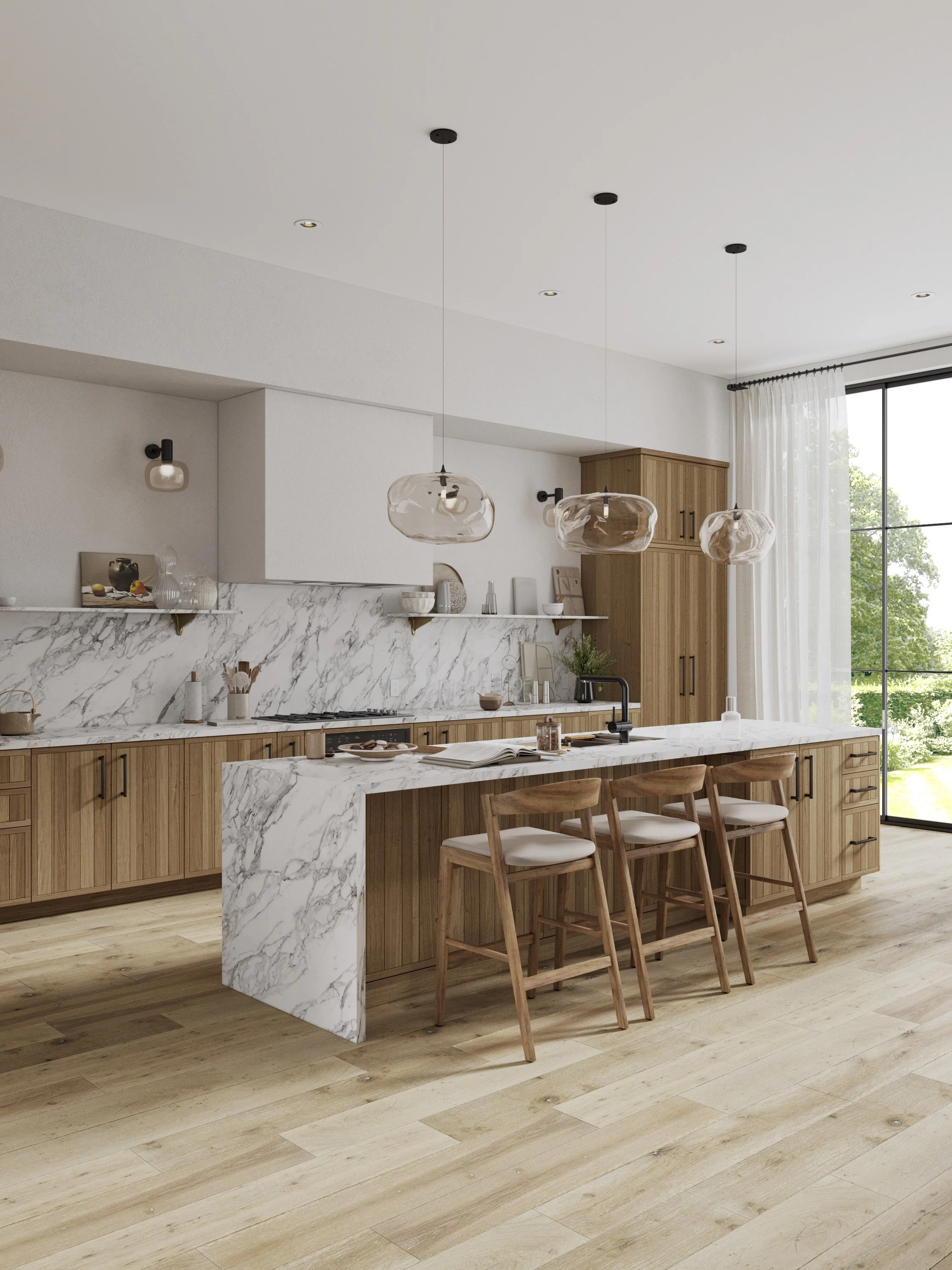 Modern kitchen with wooden cabinets, marble island, pendant lights, and large window overlooking greenery.