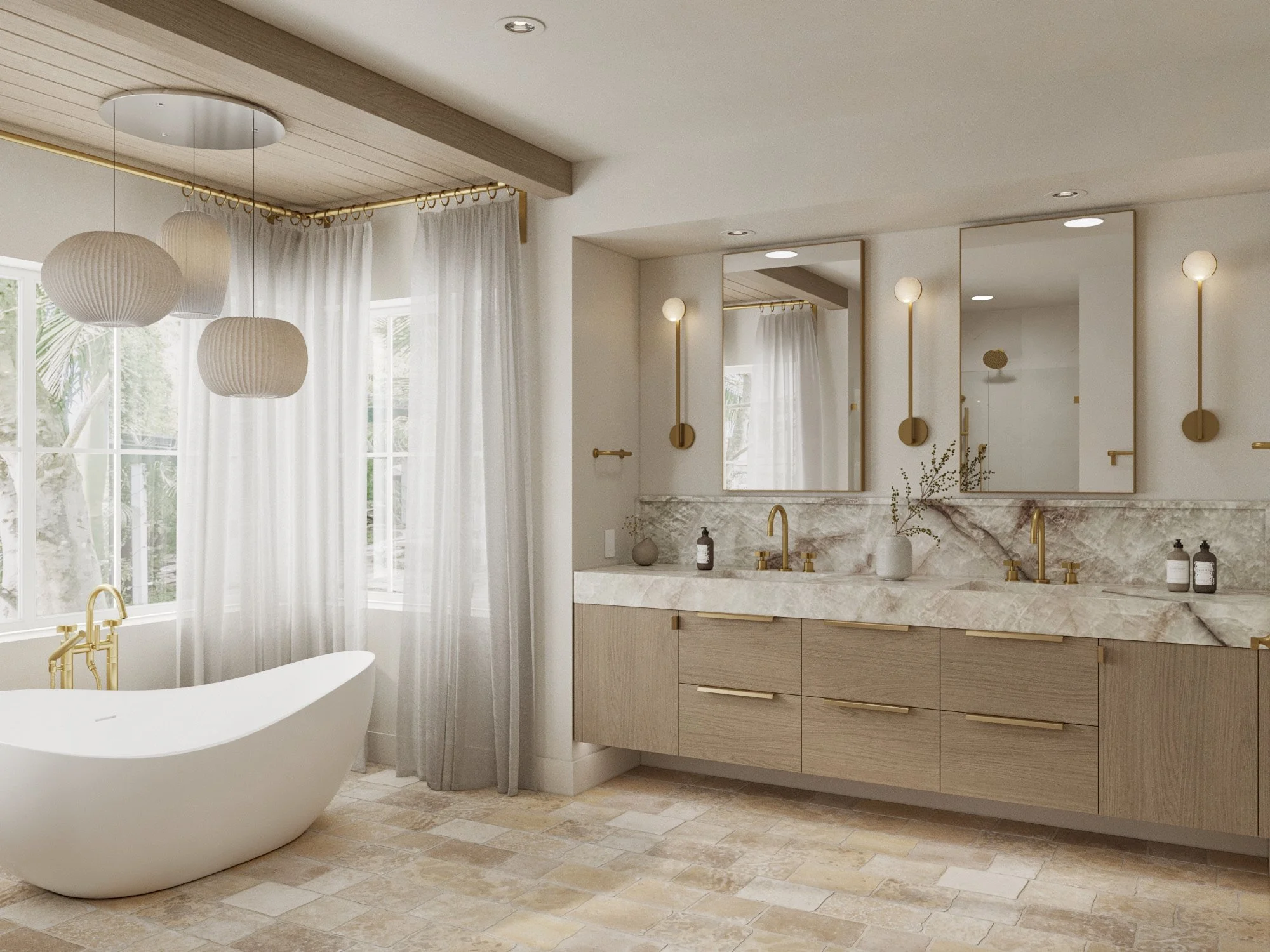 Modern bathroom with a freestanding bathtub near large windows, a double vanity with marble countertop, two mirrors, and gold fixtures, beige tiled floor, and soft lighting.