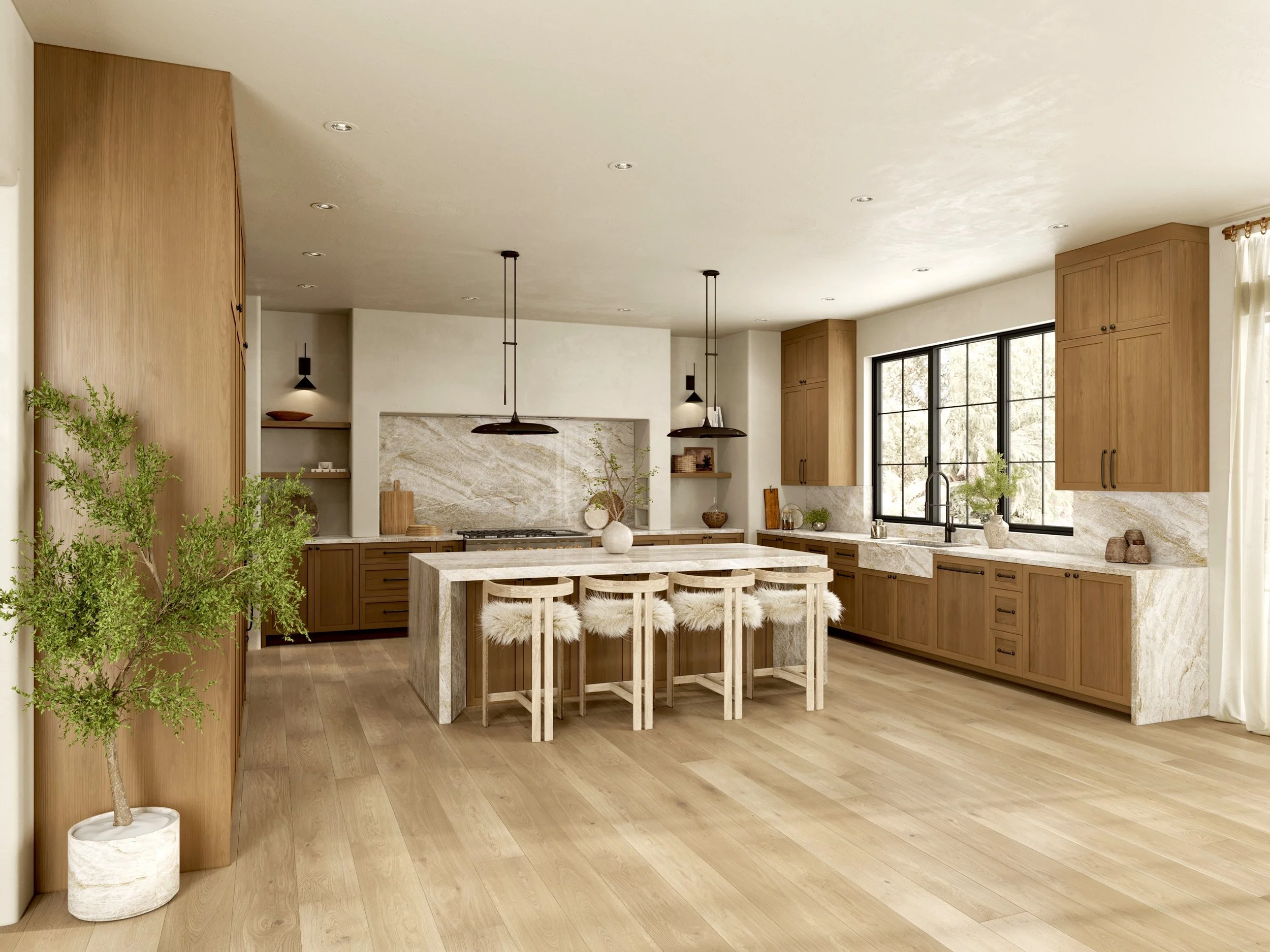Modern kitchen with wooden cabinetry, a large island with stools, black window framing, marble countertops, and minimal decor.