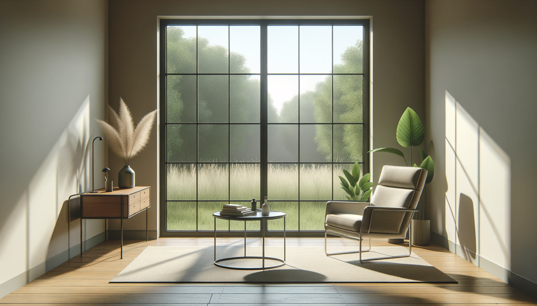 Modern living room with large window, beige armchair, potted plants, wooden side table with decor, and a round coffee table with books and decorative items, sunlight streaming in.