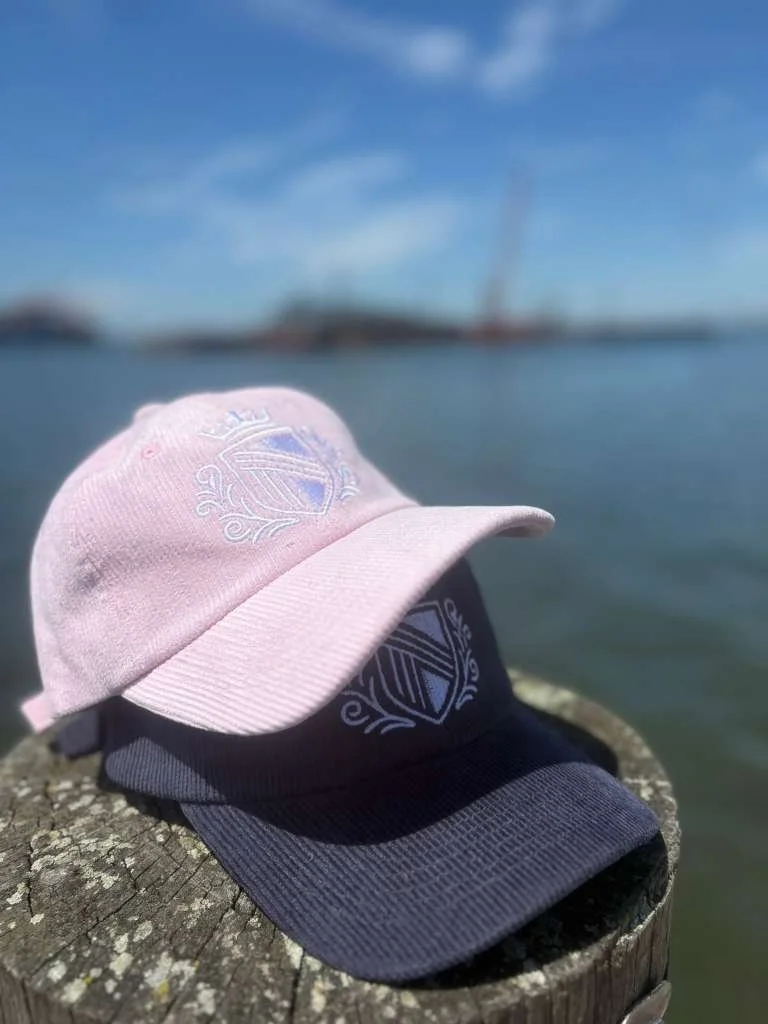 Two baseball caps, one pink and one navy blue, resting on a weathered wooden surface by a body of water with a bridge and blue sky in the background.