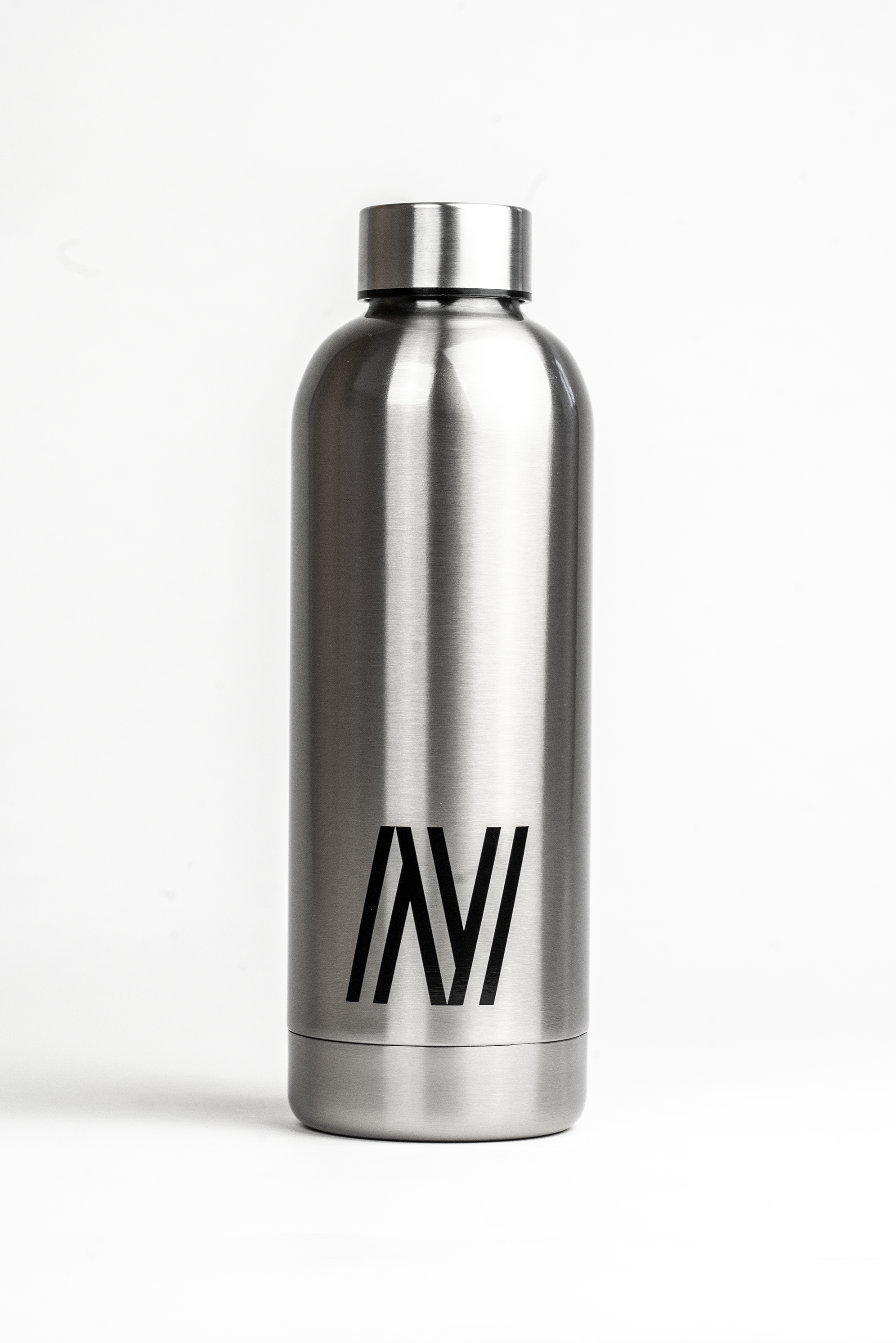 A stainless steel water bottle with a black logo on the front, set against a plain white background.
