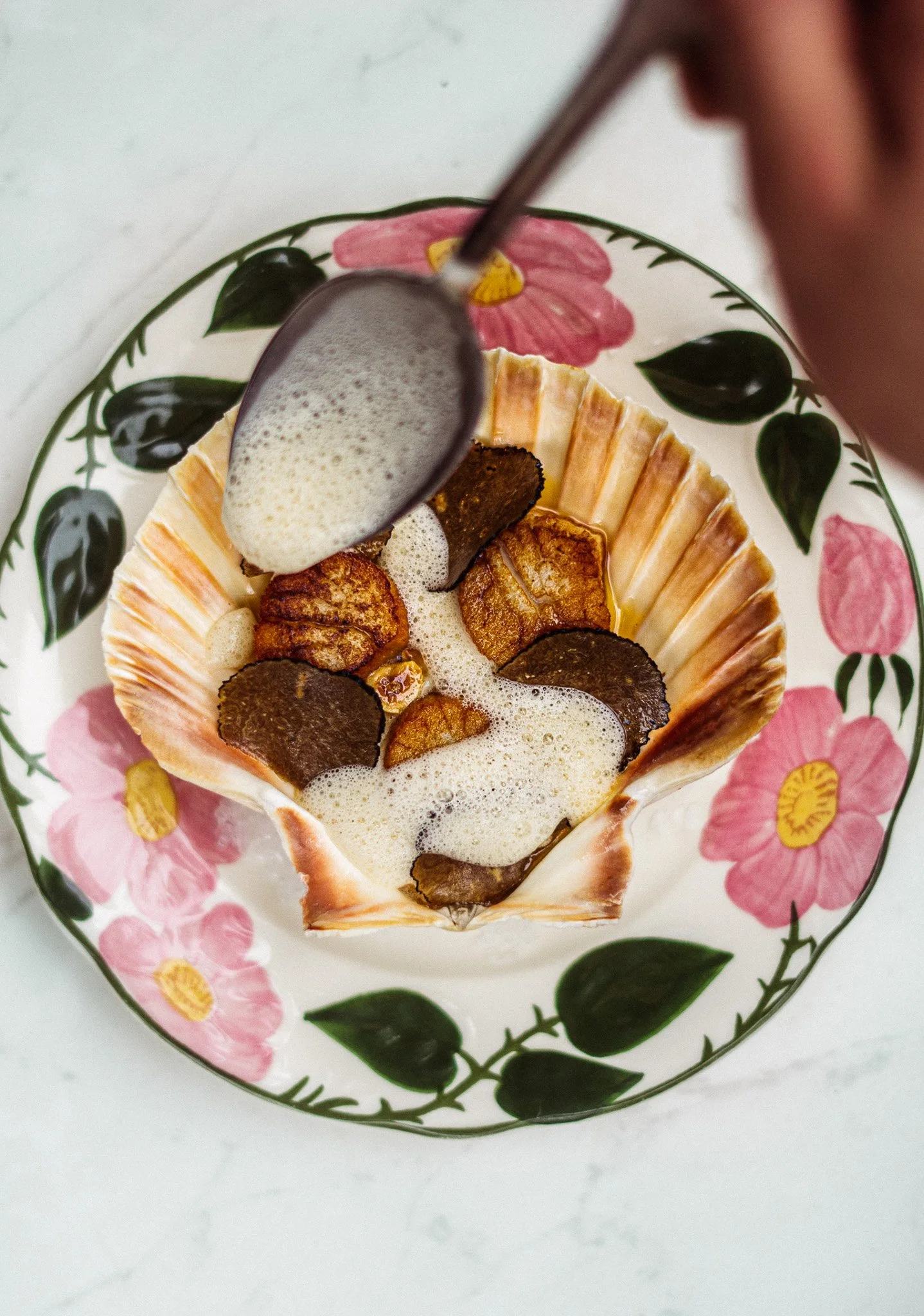 Sea shell on floral dish filled with coffee, ice cubes, and brown slices.