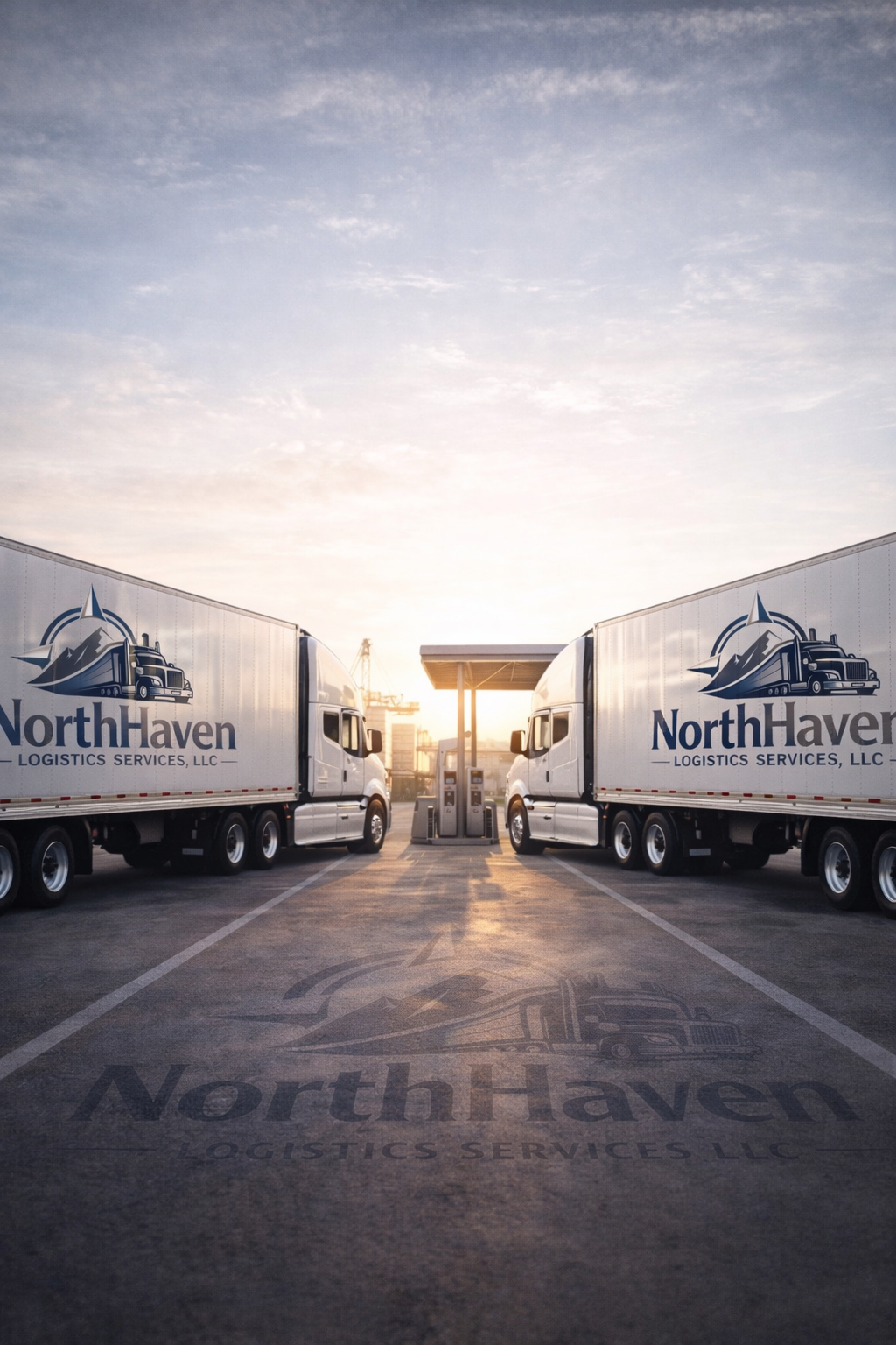 Two trucks with NorthHaven Logistics Services, LLC logo parked at a fueling station at sunrise or sunset.