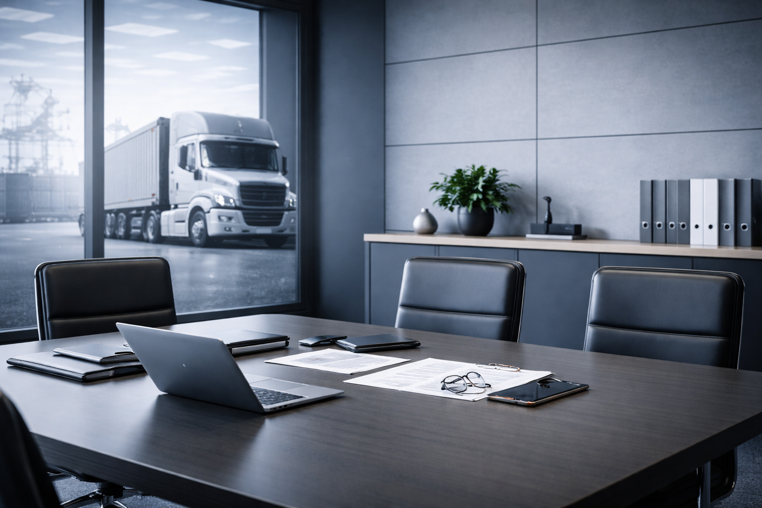 Modern office conference room with a large table, black chairs, a laptop, glasses, papers, and folders on the table. Large window showing a parking lot with a white semi-truck outside.