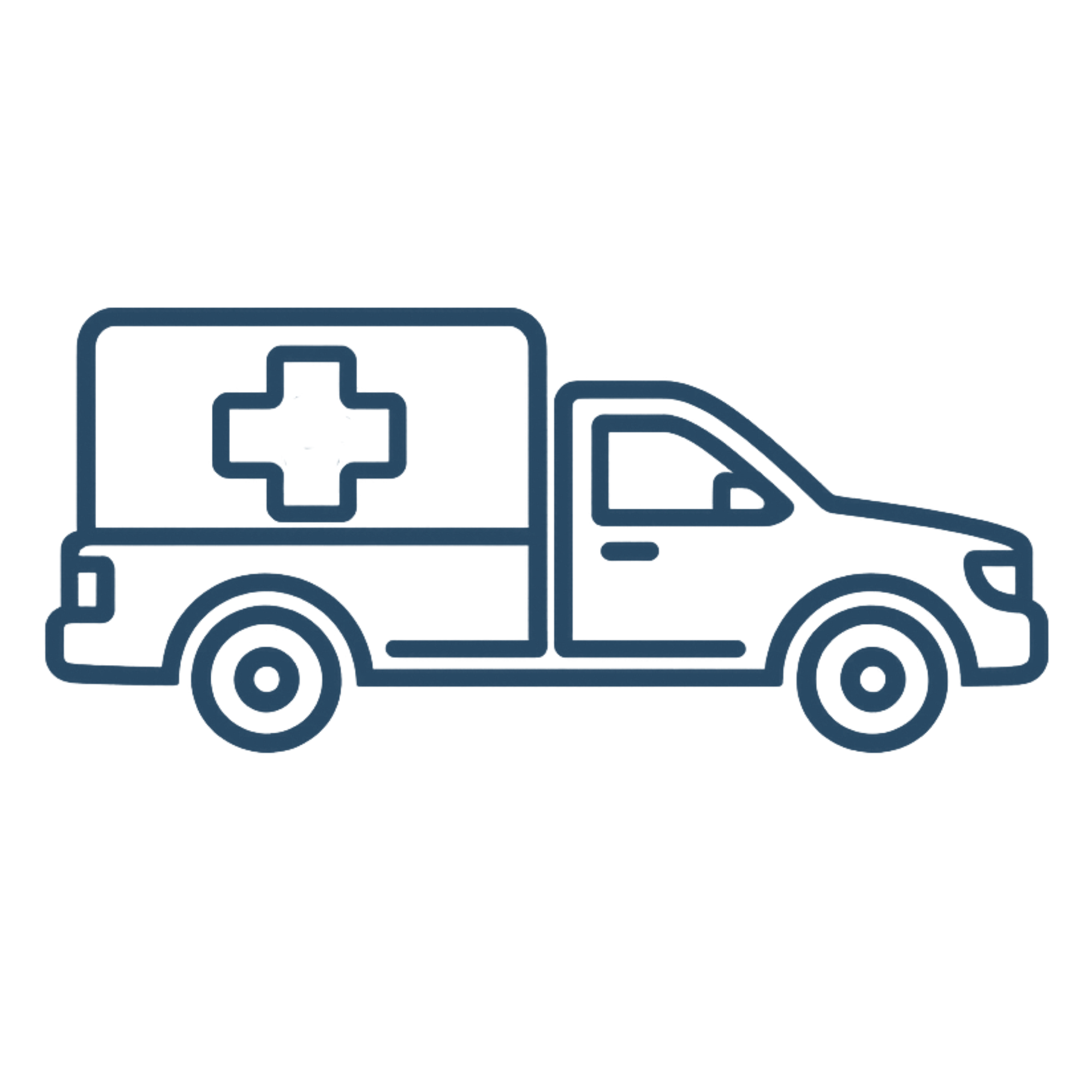 Outline of a blue ambulance vehicle with a medical cross symbol on the side.