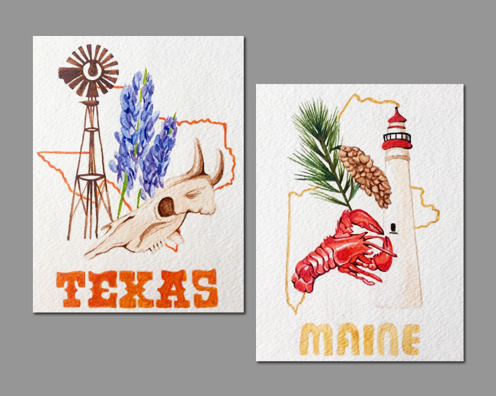 State Postcard Series Featuring "Texas" and "Maine", Watercolor on Paper 5x8"