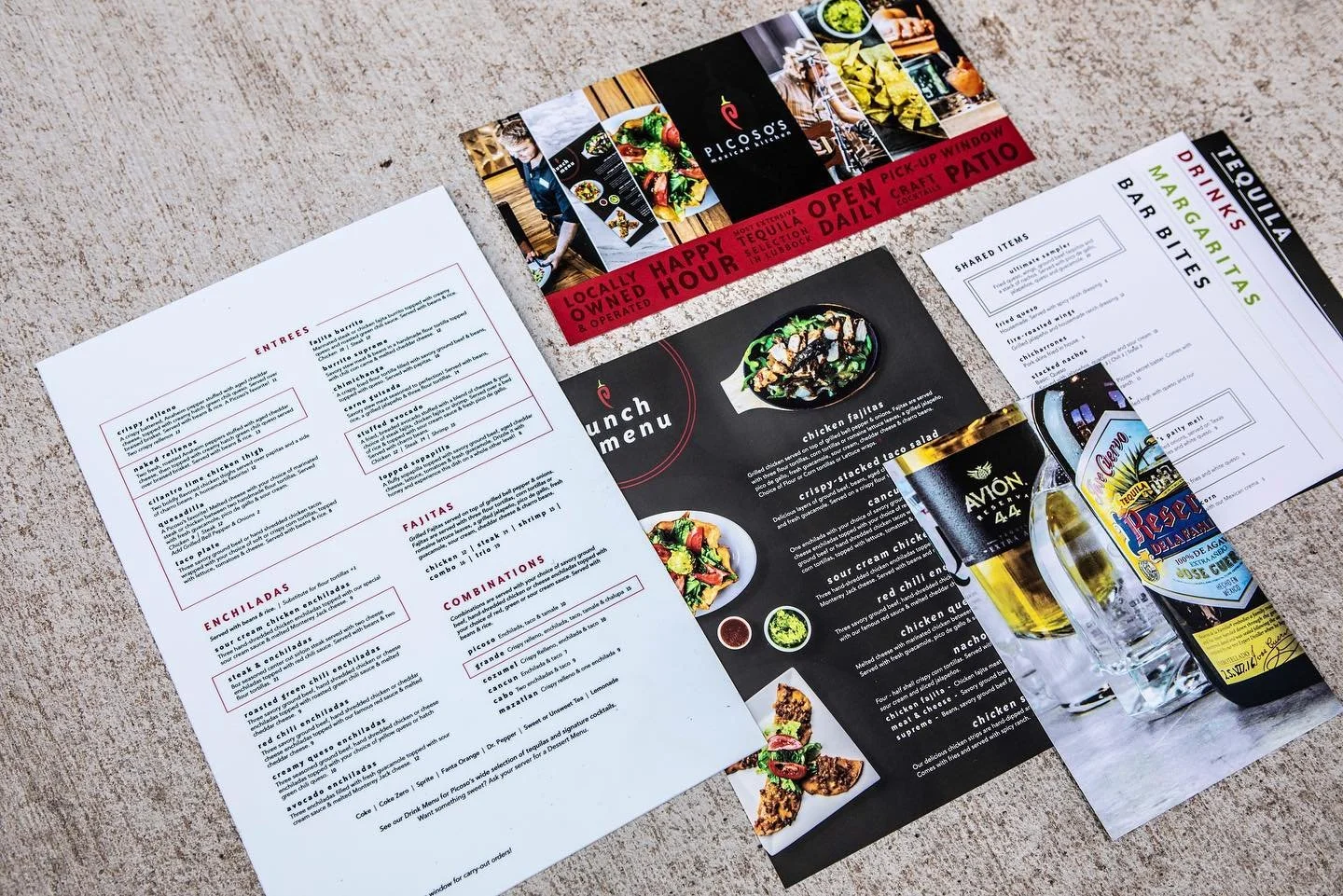 Picoso's Menu, Lunch Menu, Bar Menu, and Oversized Postcard Designs
