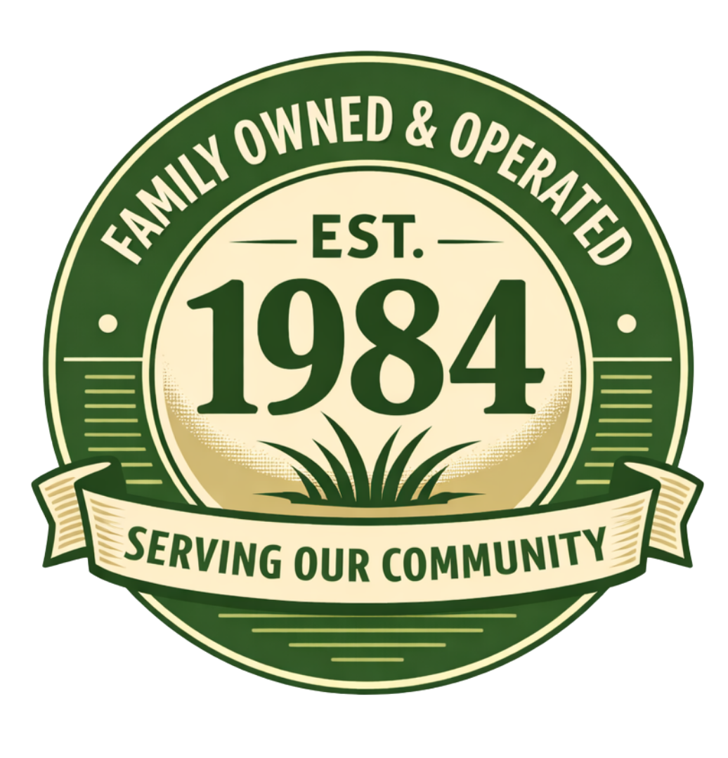 Logo with the text "Family owned & operated," "Established 1984," and "Serving our community," featuring a green and beige color scheme with a plant graphic.