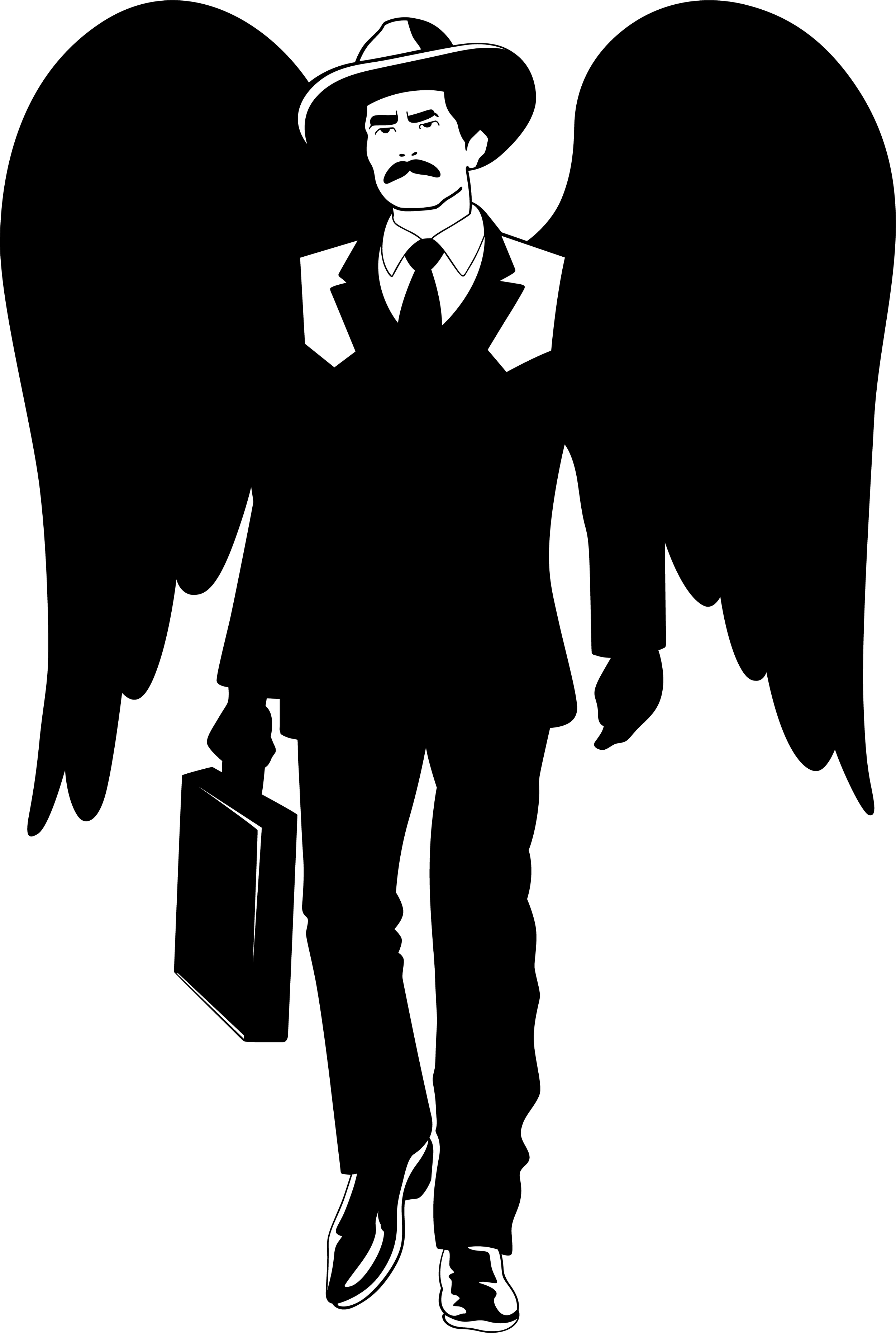 Ilustración en blanco y negro de un hombre con sombrero, bigote, vestido con chaqueta y corbata, de pie con las manos en los bolsillos.