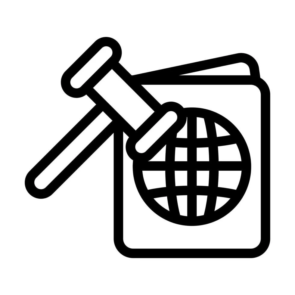 Ícono en negro de un libro con un globo terráqueo, un martillo y una lupa encima, representando búsqueda o investigación en línea.