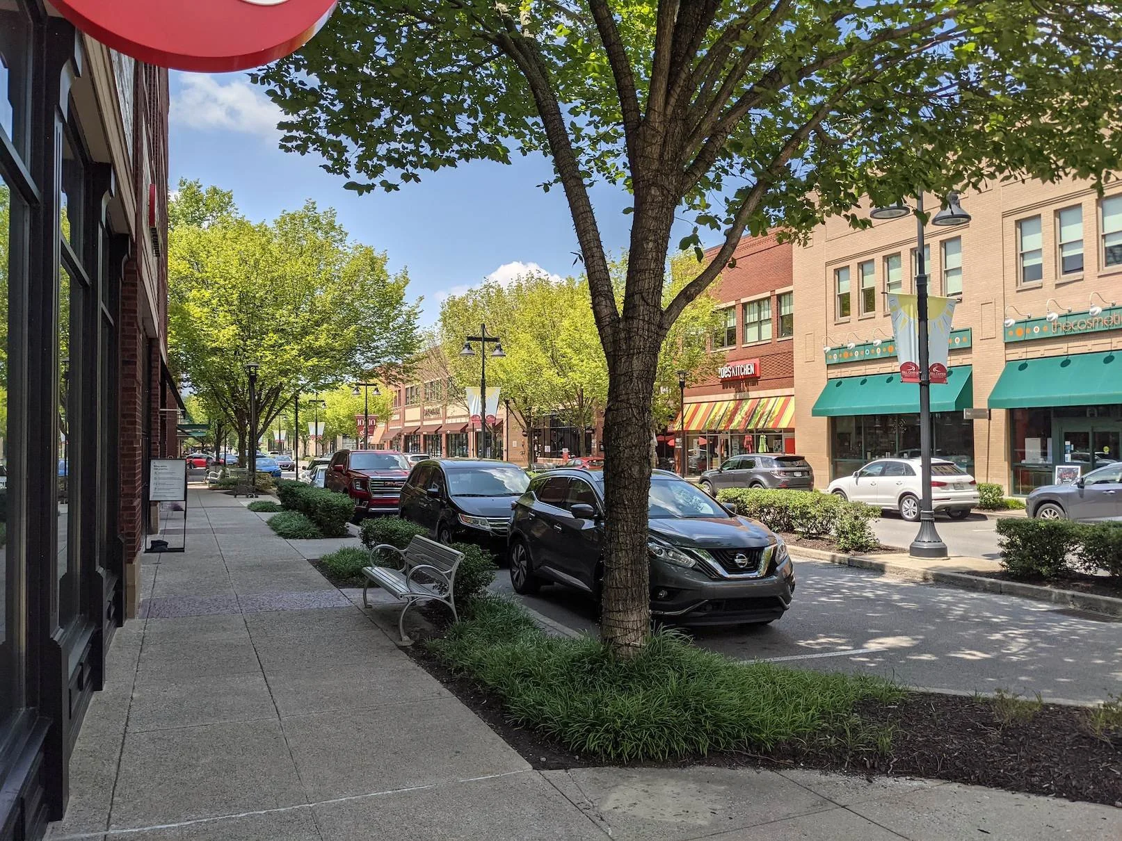 A sunny street view with parked cars, trees, and storefronts on a downtown shopping street.
