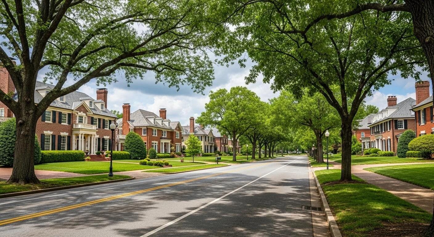 A quiet residential street lined with large, historic brick houses and lush green trees, with sidewalks and street lamps under a partly cloudy sky.