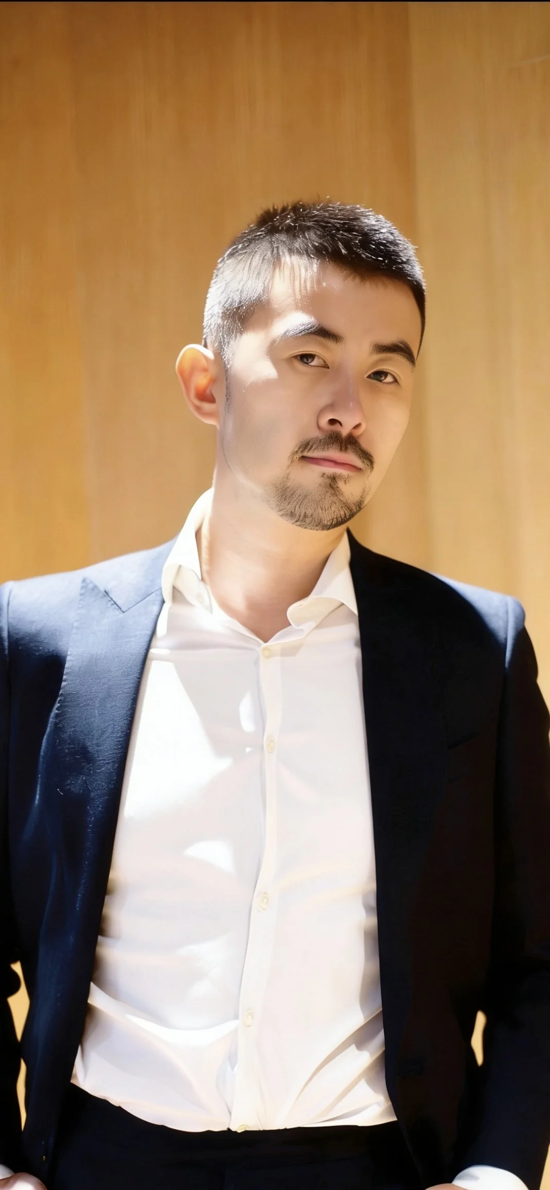 A man in a dark suit and white shirt, with short black hair and light facial hair, posing against a wooden background.