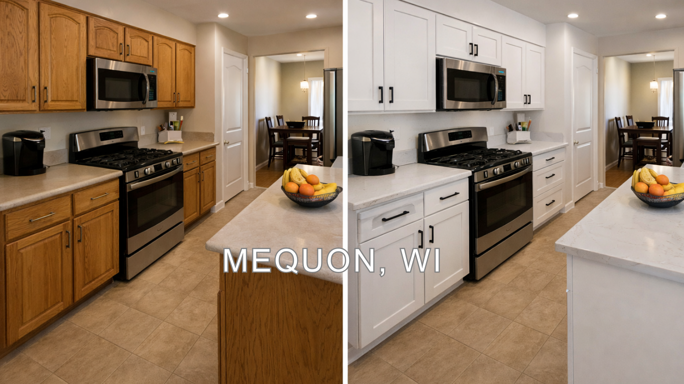 Before and after kitchen remodeling project in Mequon WI featuring upgraded white cabinets and countertops replacing original wood cabinetry by VK Contractors.