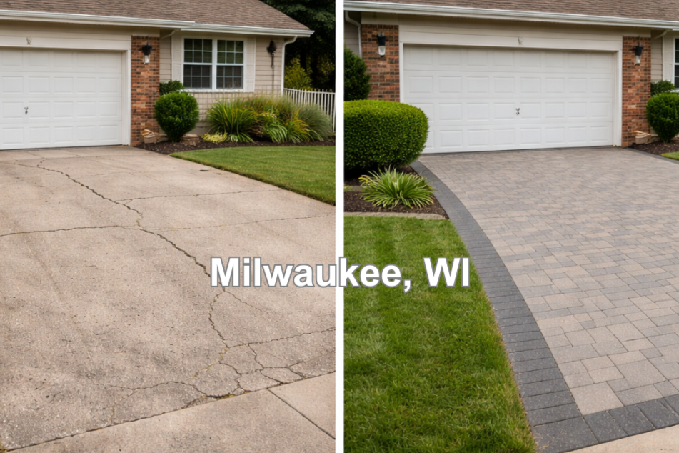 Before and after driveway replacement in Milwaukee WI featuring removal of cracked concrete and installation of new brick paver driveway by VK Contractors.