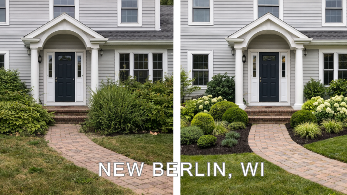 Before and after front yard landscaping renovation in New Berlin WI featuring trimmed bushes, flower installation, and lawn improvement by VK Contractors.