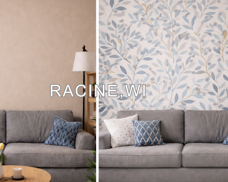 Before and after living room remodel in Racine WI featuring updated wallpaper, modern decor, and refreshed interior design by VK Contractors.