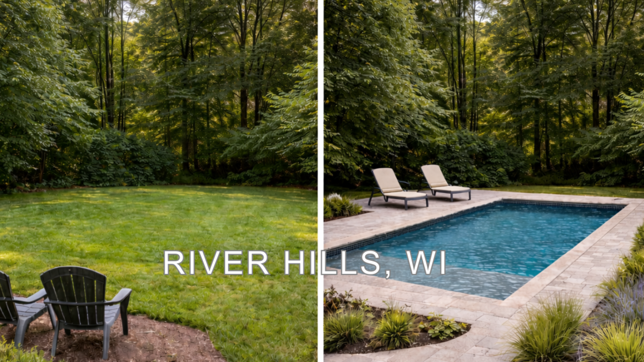 Before and after backyard renovation in River Hills WI featuring new in-ground swimming pool installation and upgraded outdoor living space by VK Contractors.