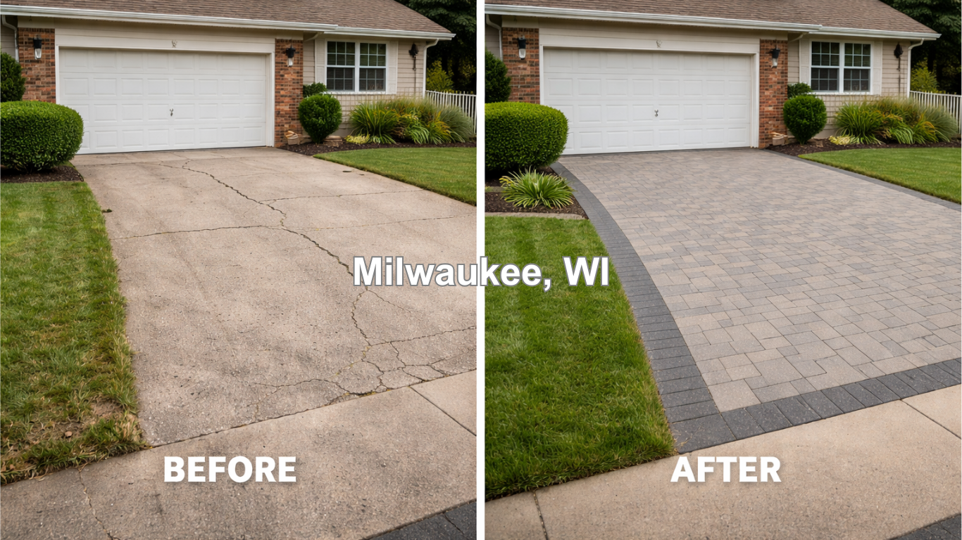Before and after driveway replacement in Milwaukee WI featuring removal of cracked concrete and installation of new brick paver driveway by VK Contractors.