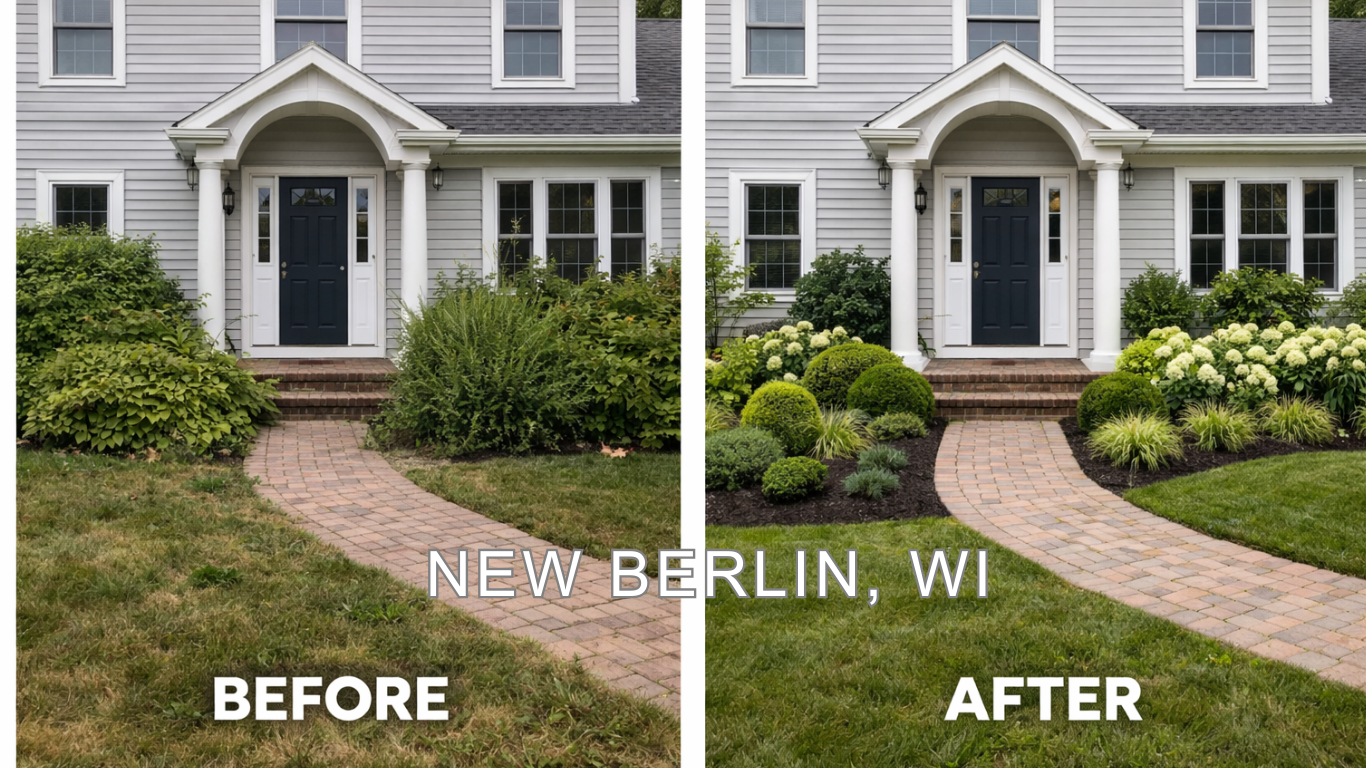 Before and after front yard landscaping renovation in New Berlin WI featuring trimmed bushes, flower installation, and lawn improvement by VK Contractors.