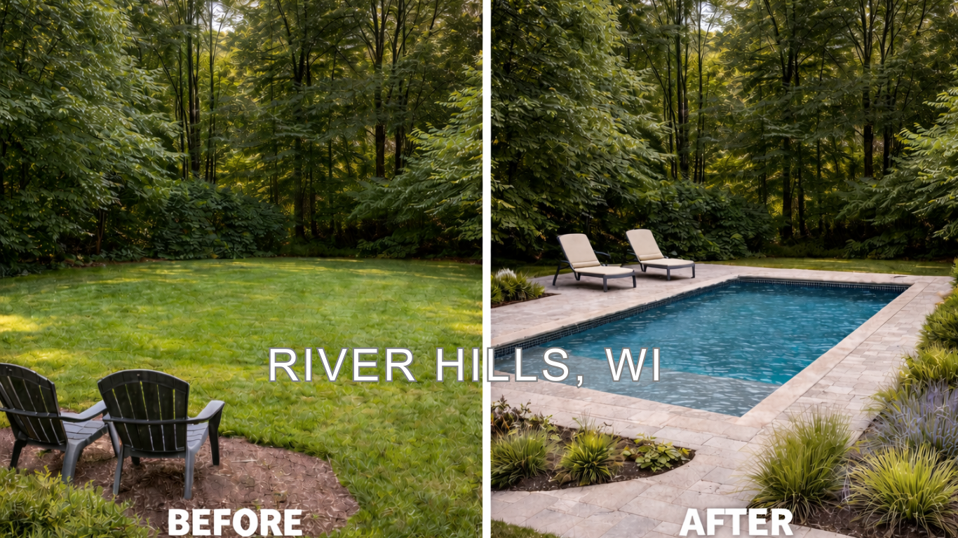 Before and after backyard renovation in River Hills WI featuring new in-ground swimming pool installation and upgraded outdoor living space by VK Contractors.