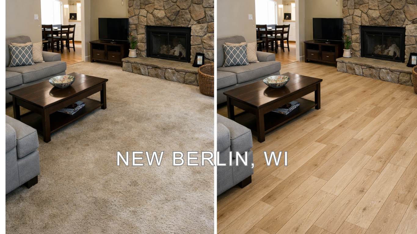 Before and after living room flooring renovation in New Berlin WI featuring removal of beige carpet and installation of light wood flooring by VK Contractors.