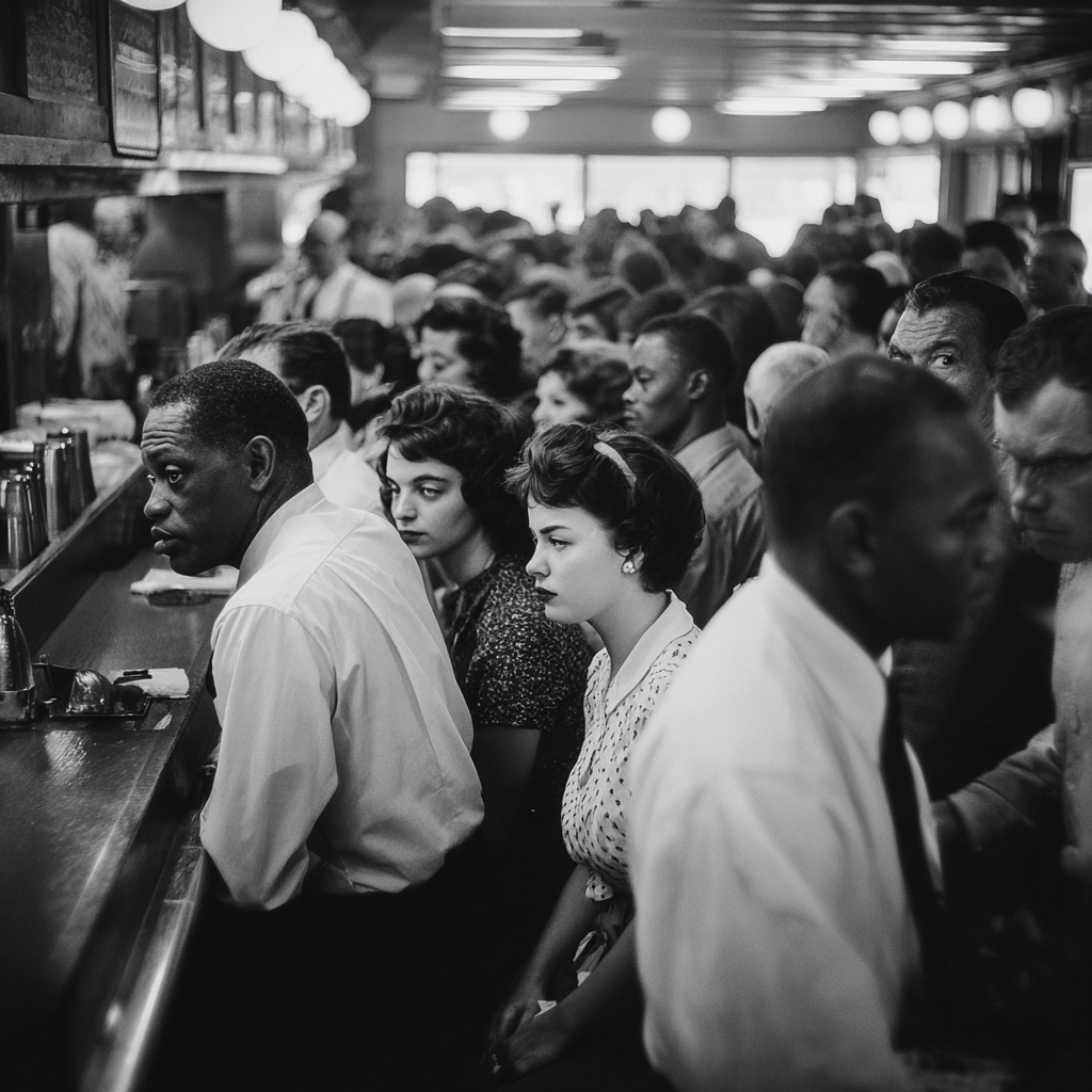Black and white photo of a crowded diner with people sitting at the counter and waiting in line, with a vintage 1950s vibe.