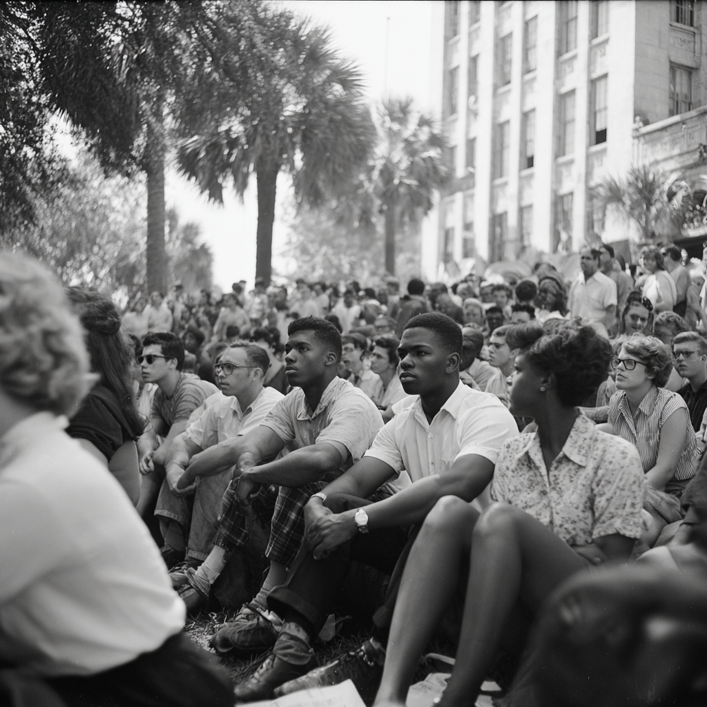 A crowd of people sitting outdoors among palm trees, attending an event or gathering, with some looking attentively and others engaging in conversation, in front of a building.