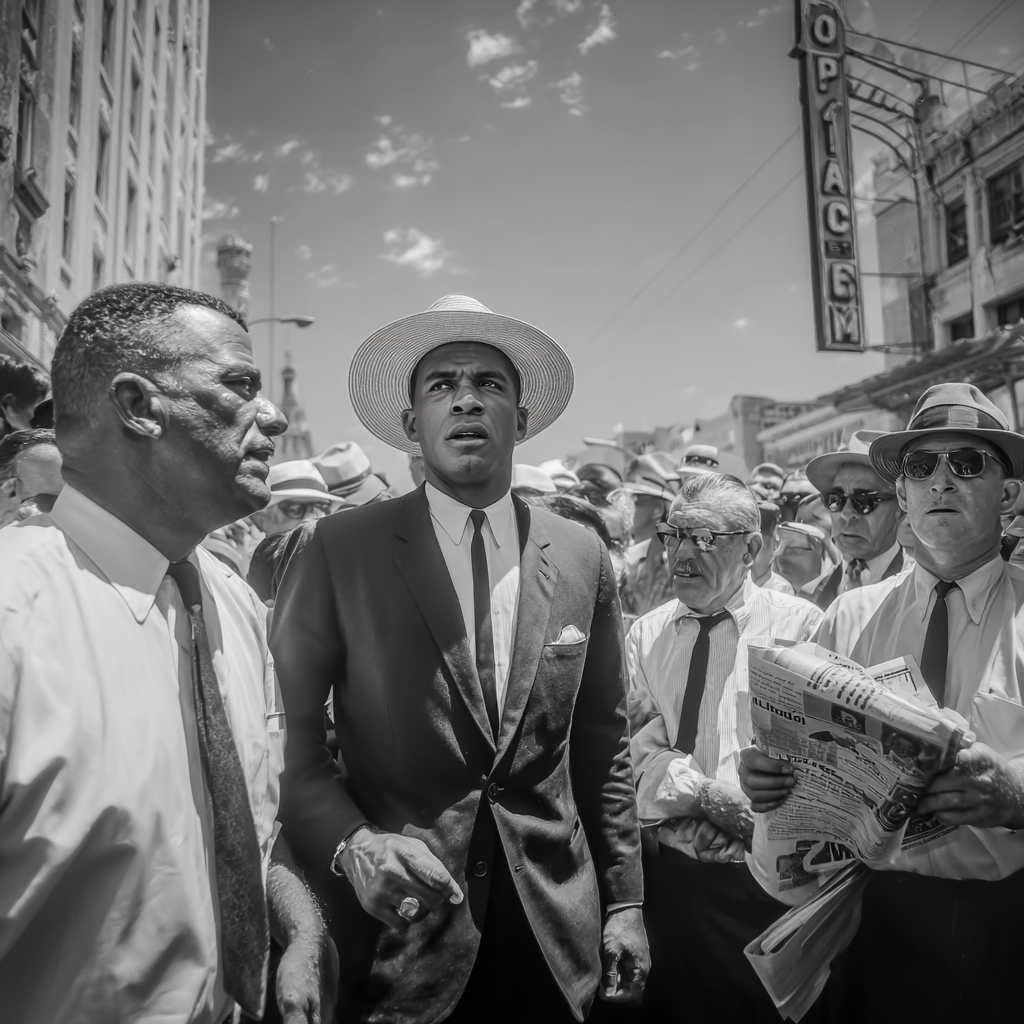 A black and white photo of a man in a suit and wide-brimmed hat talking to a group of men, some wearing sunglasses, in a city with old buildings and a sign that reads "OPERA HOUSE" in the background.